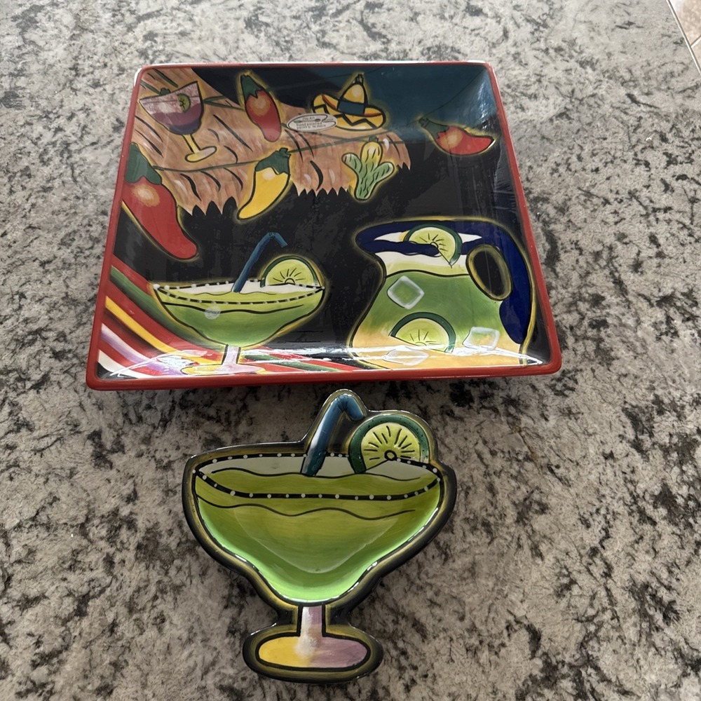 New Vintage Clay Art "Cantina LIghts" Hand Painted Chip and Dip Set